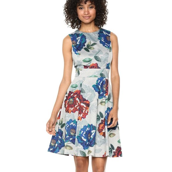 New! CALVIN KLEIN Brocade Floral Fit & Flare Grey Dress, Size 4 - Picture 2 of 14